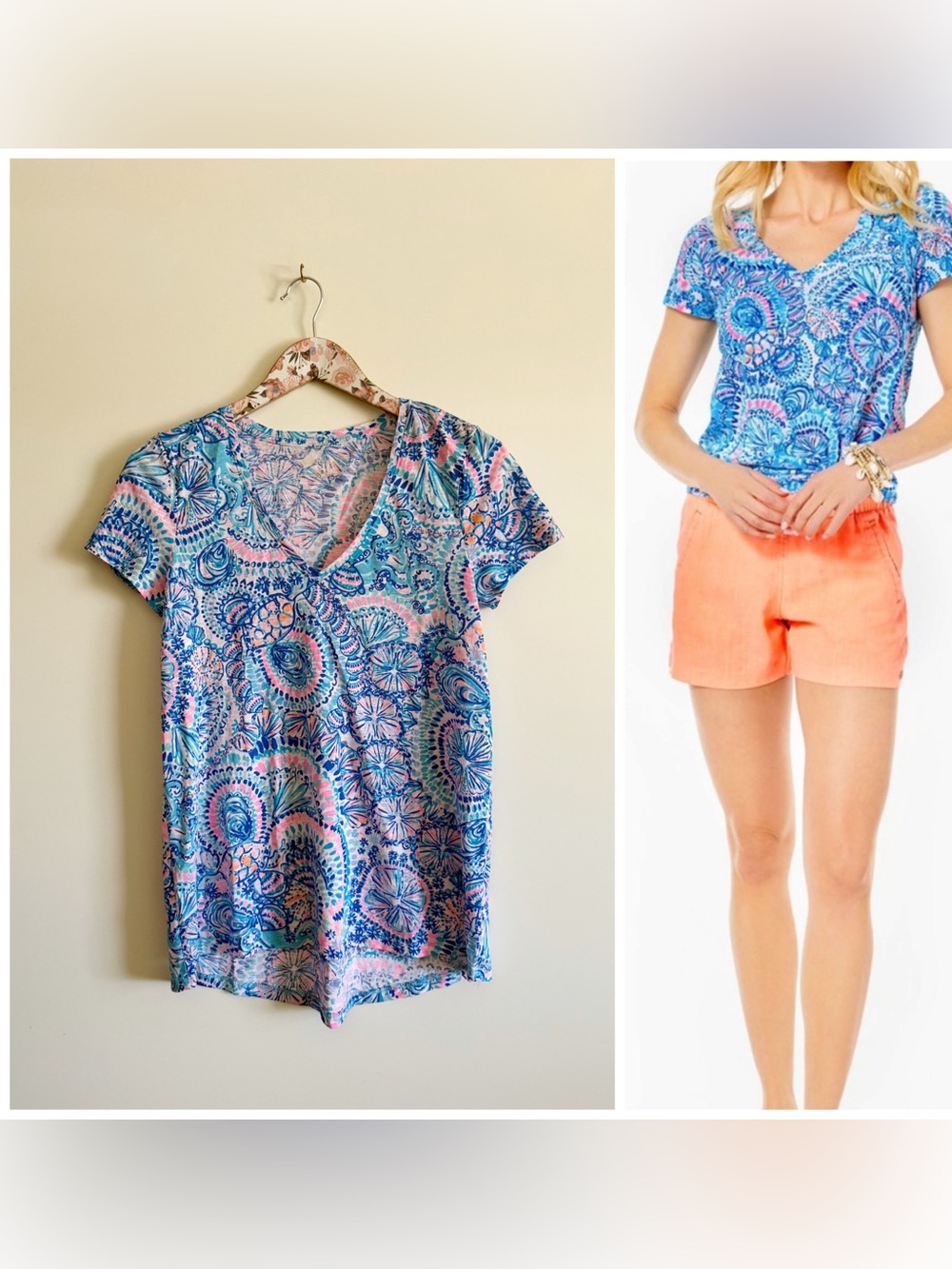 LILLY PULITZER Etta V-Neck Top Commotion in the Ocean Print Blue Pink XS Shirt